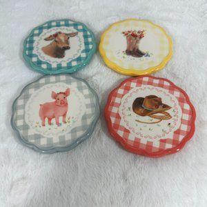 The Pioneer Womand set of 4 Gingham Coasters Stoneware Cow Pig Cowboy Hat & Boot
